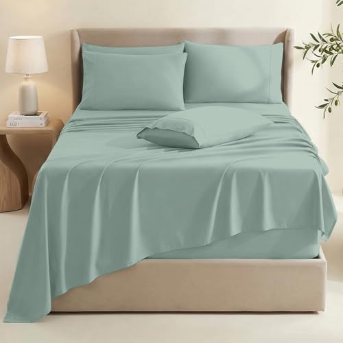 Image of Hearth & Harbor Bed Sheets, Luxury Soft 6 Piece Bed Sheet Set Extra Deep Pocket Fitted Sheets Fits Mattress up to 21 inch, Double Brushed Bedding Sheets & Pillowcases, Split King Ice Green