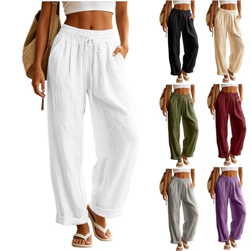 100% Linen Pants Women Long Linen Pants Women Fashion 2026 High Elastic Waist Palazzo Pant Wide Leg Dressy Trousers Summer Beach Vacation Clothes White L