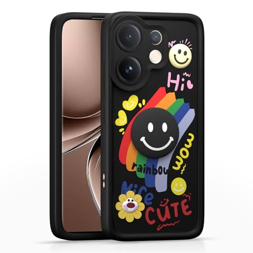 Image of Pikkme Back Cover for Vivo V60 5G / Vivo T4 Pro 5G | Soft Silicone| Cute Rainbow Smile & 3D Cartoon Flower Design | Shockproof Raised Camera Protection Bumper Case (Black)