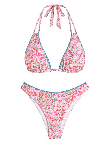 Image of ZAFUL Women Halter Dual Straps Whip Stitch Floral Triangle Bikini Swimsuits