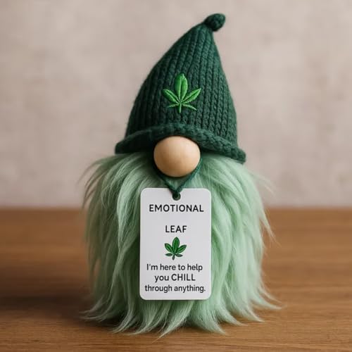 Emotional Encouraging Support Weed Gnome – Your Little Cannabis Companion, Funny Mini Gnome Figurine with Marijuana Leaf Beanie and Motivational Tag, Novelty Desk Decor (1pcs)