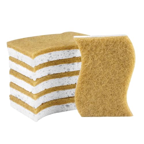 HIKPACKER Paquete de 6 Esponjas Naturales a Base de Plantas, Esponja de Cocina Biodegradable, Esponjas de Celulosa para Platos, Doble Cara, Reutilizables, Antiarañazos, Ecológicas, para Cocina y Baño