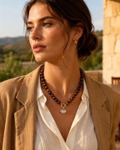 Natural Stone Beaded Necklace for Women 10mm Round Bead Choker with Detachable Crystal Pendant Adjustable Boho Statement Jewelry Gift - Image 3