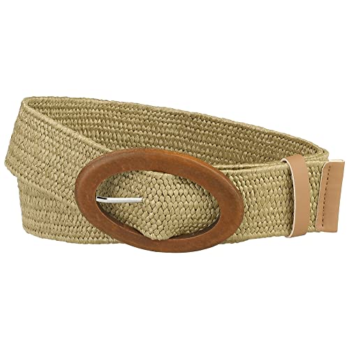 Women Woven Wide Stretch Belts, Straw Rattan Oval Wooden Buckle Elastic Waist Belt Waistband