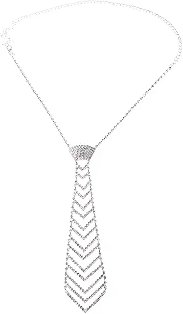 Collier Cravate en Soie Argent avec Strass Cristal Faux Diamant