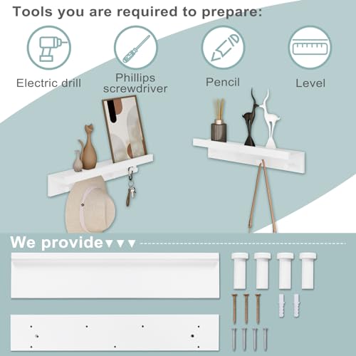 WOLTU Estanteria Pared, Estante Flotante con 4 Ganchos, Balda Pared Colgador, Estanteria Montada a Pared para Cocina, Recibidor, Dormitorio, Blanca, 51x12x10cm, RG9510ws - imagen 7