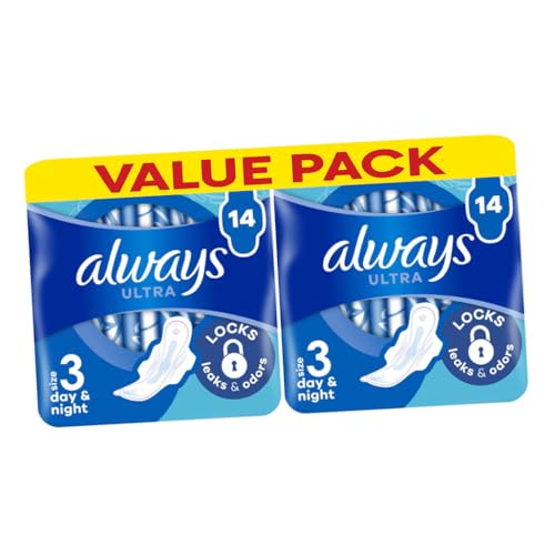 Always Ultra Day & Night Sanitary Towels with Wings Size 3-28 Pads (Pack of 2x14), Locks Leaks & Odours, Dermatologically Tested, SecureFit, Comfortable Wear