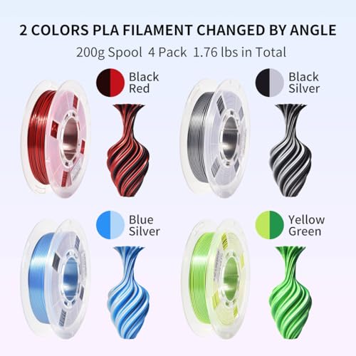 Image of RAMBERY Silk Dual Color 3D Printer Filament Bundle 1.75mm + /- 0.02mm, Bicolor PLA 3D Printing Filament 200gX4 Spools (1.76 lbs), Black-Silver, Red-Black, Blue-Silver, Yellow-Green