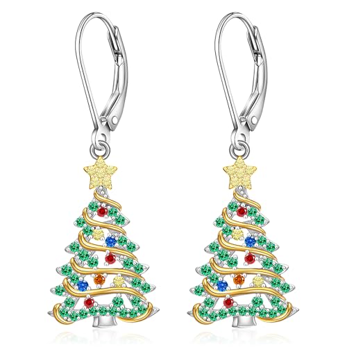 Christmas Earrings Christmas Tree Earrings for Women Sterling Silver Ribbon Green Xmas Tree Colorful Zircon Winter Dangle Studs Holiday Jewelry Gifts