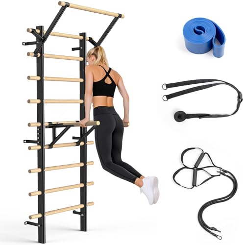 Sprossenwand & Klettergerüst 220 cm – Holz Wandmontage mit Klimmzugstange & Dip-Barren – Indoor Fitnessgerät für Kinder und Erwachsene