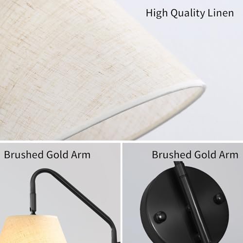 Image of Black Wireless Wall Sconces Set of Two, Swing Arm Battery Wall Sconce, Battery Operated Wall Sconce with Remote, Battery Sconces with Linen Lampshade, Rechargeable Wall Lights for Living Room