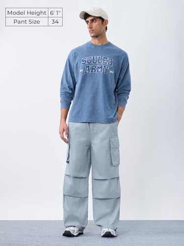 Image of The Souled Store Parachute Pants: Dusty Sky Blue Men and Boys Drawstring Waist Solid Cotton Lightweight Adjustable Hem Utility Baggy Fit Cargo Pants
