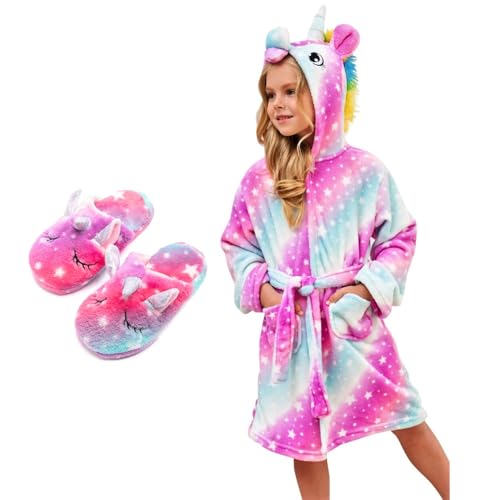 Piefry Unicorn Dressing Gown for Girls - Soft Hooded Robe Sleepwear With Slippers Gifts for Girls (Pink/Purple Stars 8-9 Years)