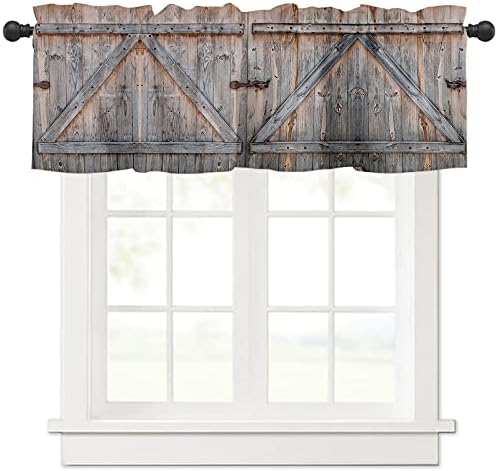 WARM TOUR Rustic Vintage Farm Barn Door Window Valance Curtains Wooden Plank with Retro Lock Short Curtain for Kitchen Living Room Bathroom Windows, 1 Panel Drapes Rod Pocket Valances