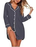 Ekouaer Women's Nightgown Long Sleeve Nightshirt Button Down Sleepshirt Boyfriend Sleepwear Pajama Dress Dark Grey L