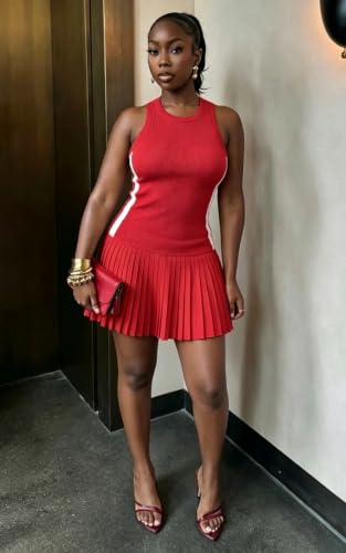 Image of Women Summer Sleeveless Spliced Pleated Mini Dress Casual Low Waist Stretch Side Striped A-Line Tank Dress