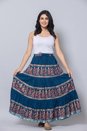 Image of Women's Cotton Printed Long Skirt | Ethnic Folk Print Tiered Maxi Skirt for Women | Elastic Waist Flared Boho Skirt | Traditional Casual for Women