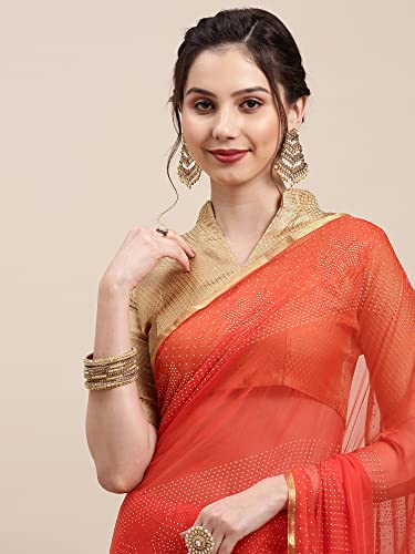 Image of AKHILAM Women's Chiffon Embellished Saree With Unstitched Blouse Piece (Orange DOLY3302)
