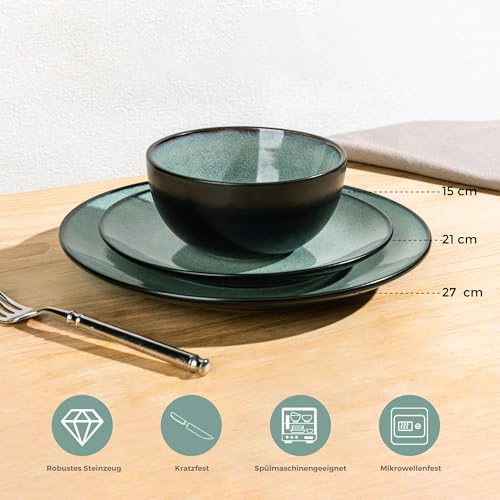 GBhome Steingut Geschirrset 6 Personen, 18-tlg Reaktive Glasur Handarbeit Steingut Geschirr Set, Mikrowellen- & Spülmaschinenfest Schüssel- und Teller Set,Petrol