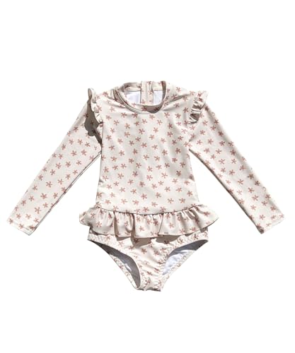 Girls One Piece Swimsuits Zipper Rash Guard Long Sleeve Bathing Suit with Ruffle Hem UPF50+