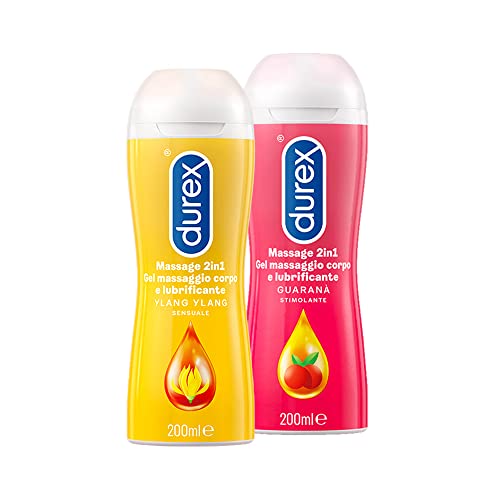 Durex Gel Lubrificante Sessuale Intimo Massage 2In1 Doppio Utilizzo, Gel Massage 2In1 Con Guaranà E Gel Massage 2In1 Con Ylang Ylang, Per Preliminari 