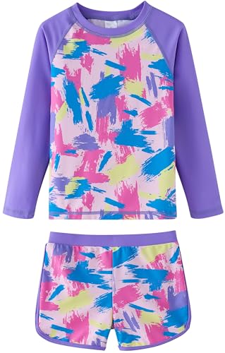 UMELOK Girls Rash Guard Swimsuit 2-Pieces Bathing Suit Long Sleeve UPF 50+ Sun Protection Swimwear Sets Brush Color Block，12 Years