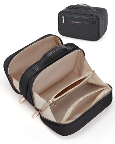 BAGSMART Travel Makeup Bag, Make Up Bag with Multiple Compartments for Organizer, Durable & Compact Cosmetic Organizer for Women for Travel Accessories (Black