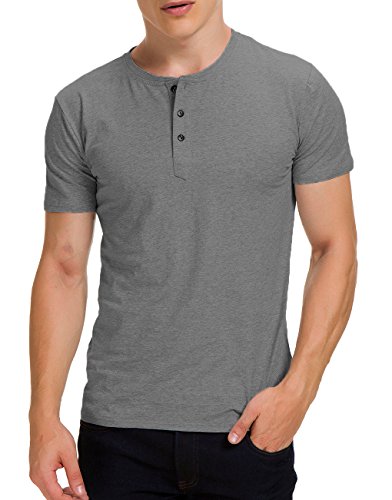 Boisouey Men's Casual Slim Fit Short Sleeve Henley T-Shirts Cotton Shirts Dark Grey L