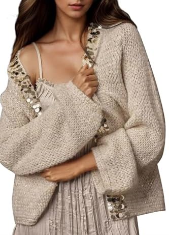 Womens Oversized Sequin Sparkly Chunky Cardigan Sweaters Fall Fashion Long Sleeve Knit Cozy Coats