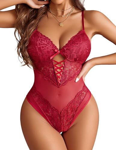 Avidlove Dessous Damen Sexy Unterwäsche Babydoll Spitze Mesh Body V-Ausschnitt Reizwäsche Translucent Riemchen Bodysuit Spaghetti Lingerie Rot M