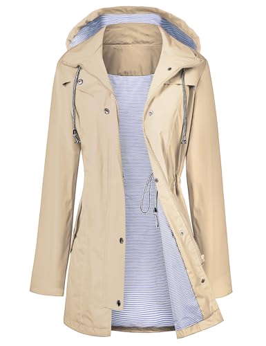 LOMON Raincoat Women Waterproof Long Hooded Trench Coats Lined Windbreaker Travel Jacket Khaki M