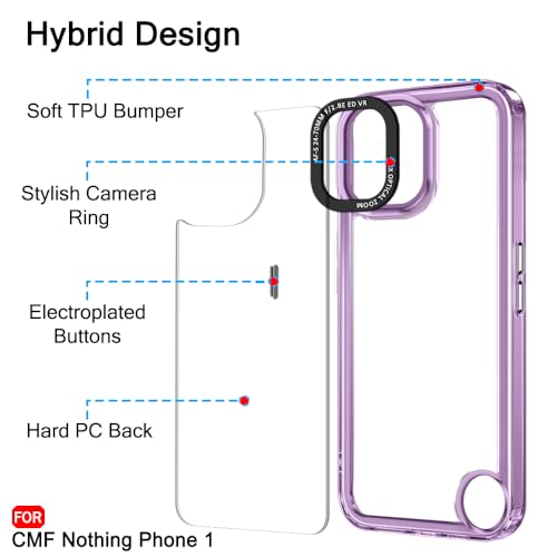 Image of TheGiftKart Hybrid Shockproof Back Cover Case for Nothing CMF Phone 1 5G | Stylish Camera Border | Electroplated Buttons | Crystal Clear Hard Back Cover Case (TPU & PC, Purple Bumper)