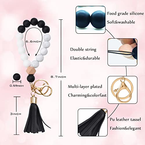 Image of BAOSIWA Silicone Key Ring Bracelet Wristlet Keychain Unique Beaded Bangle Key Chains for Women with Leather Tassel