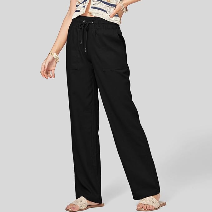 Women Linen Pants Summer Casual with Drawstring Lightweight High Waisted Wide Leg Pants with Pocket 5