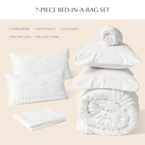 EVERGRACE-King-Size-Comforter-Set-7-Pieces-Bed-in-a-Bag-for-College-Dorm-White-Tufted-Shabby-Chic-Boho-Comforter-and-Sheet-Set-with-Pom-Pom-Textured-Soft-Fluffy-Farmhouse-Complete-Bedding-Set