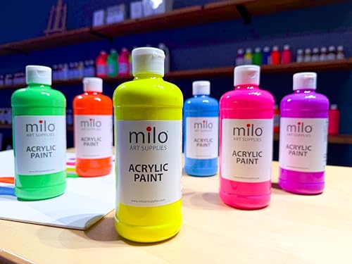 Image of milo Fluorescent Acrylic Paint Set, 6 Neon UV Colors, 16 oz Bottles | Glows in Black Light, AP Certified Non-Toxic, Made in USA, Arts & Crafts Paints for Artists, Student, Hobby Painters, Mixable