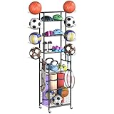 Shinoske Ball Storage Rack with Wheels,6-Tier Basketball Rack with Storage Basket and Hooks,Multi Use Garage Sports Equipment Organizer,for Sports Gear,Volleyball,Football,Indoor/Outdoor Use,Black