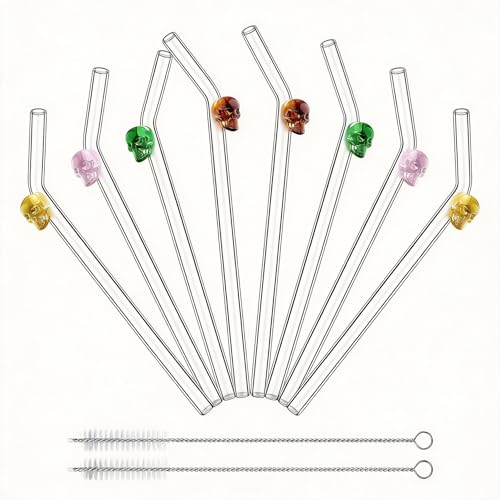Glass Reusable Straws with Skull Charms – 8mm 9 Inch Shatter...