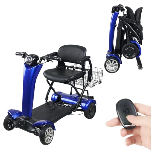 Automatic Foldable Mobility Scooter, 4 Wheel Portable Electric Scooter, One Click Fold & Unfold, 250W*2 Brushless Motor, 360 LBs Capacity, 15 Miles Long Range, Removable Lithium Battery, Heavy Duty