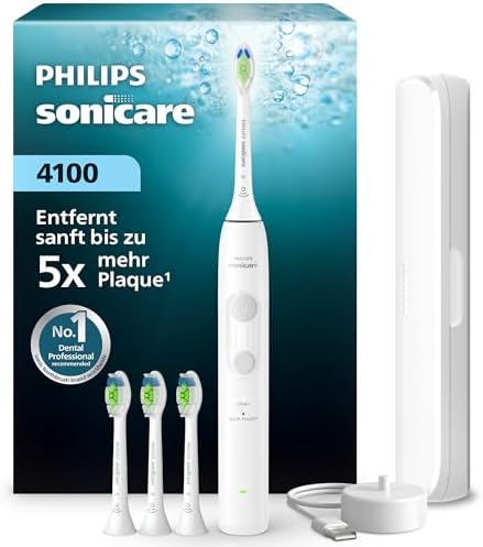 Philips Sonicare Series 4100 Elektrische Zahnbürste – Schallzahnbürste mit Drucksensor, 4 Putzeinstellungen, EasyStart, SmarTimer, 21 Tage Laufzeit, Reiseetui, Weiß, HX4046/41, [Ne
