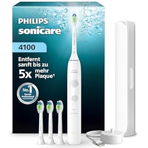 Philips Sonicare Series 4100 Elektrische Zahnbürste – Schallzahnbürste mit Drucksensor, 4 Putzeinstellungen, EasyStart, SmarTimer, 21 Tage Laufzeit, Reiseetui, Weiß, HX4046/41, [Neu]