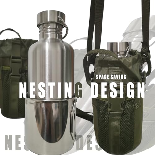 Cantimplora 3 en 1 para exteriores – Botella de agua de pared simple 42oz con taza anidada de 24oz y bolsa de transporte. Acero inoxidable 18/8 de boca ancha para camping, senderismo, supervivencia y kits de emergencia miniatura 5