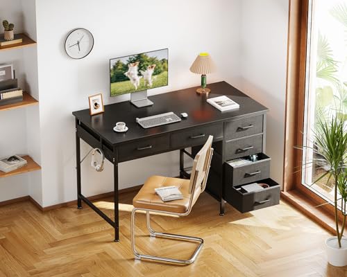 Image of ODK Computer Desk with 6 Drawers, 40 Inch Small Desk with Storage, Reversible Desk with Headphone Hook for Home Office, Work Study Table for Bedroom, Black