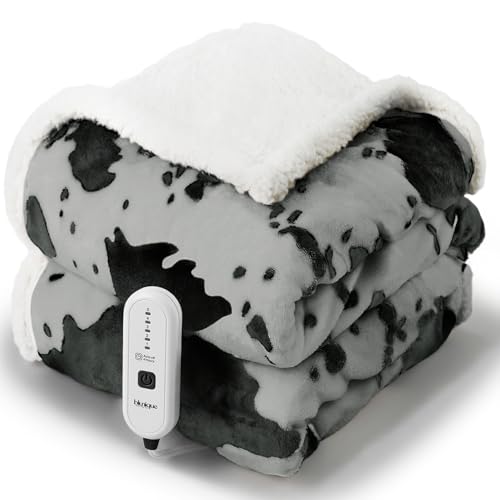 blunique - cobija eléctrica con calefacción, 5 niveles de calor y 4 horas de apagado automático, manta Sherpa de forro polar suave, lavable, calentamiento rápido, 50 x 60 pulgadas, estampado de vaca,