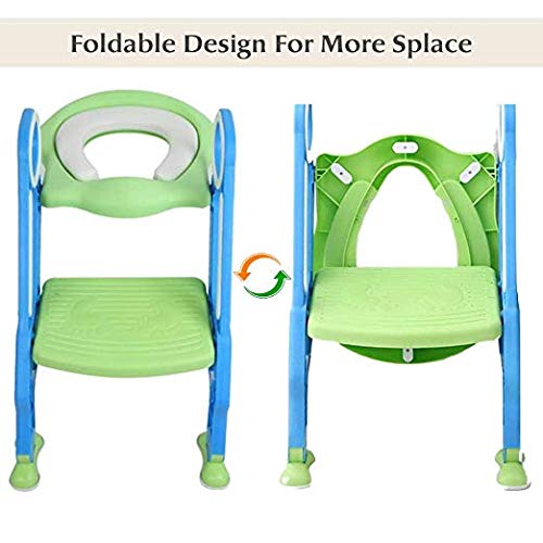 Potty Training Toilet Seat With Step Stool Ladder For Kids And Baby Adjustable Toddler Toilet Training Seat With Soft Not-Cold Padded Seat Safe Handles And Non-Slip Wide Steps, Blue Green For Kids #TOP5