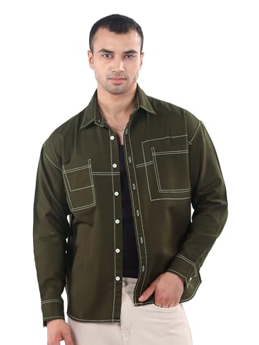 Image of Beyoung Cotton Contrast Stitch Relaxed Fit Shirt for Men | Dual Pockets | Full Sleeves | Casual Shirt
