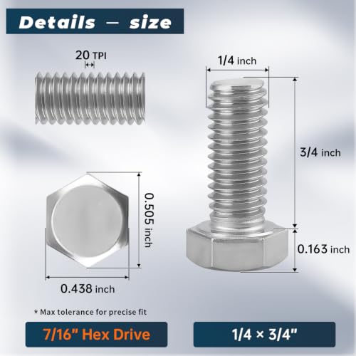 Image of 10 Sets Glvaner 1 /4-20 x 3 /4 inch Stainless Steel Hex Head Screws Bolts, Nuts, Flat & Lock Washers, 18-8 (304) Stainless Steel, Full Thread, Coarse Thread