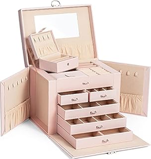 ADEL DREAM Large Lockable Jewellery Box 5 Tier with 5 Drawers with Mirror for Rings, Earrings, Necklaces and Bracelets - Elegant and Classic (Pink)