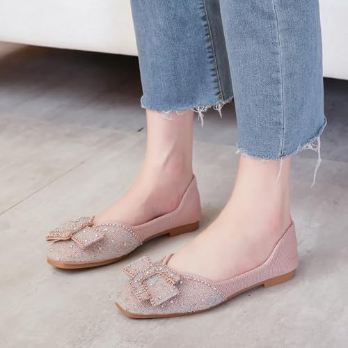 Image of SAILING LU Women's Rhinestone Square Toe Bowknots Ballet Flats Loafers