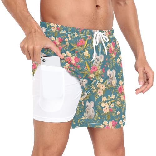 Koala Flowers Retro Green Mens Beach Shorts Men 2 in 1 Board Shorts Phone Pocket Lightweight S3